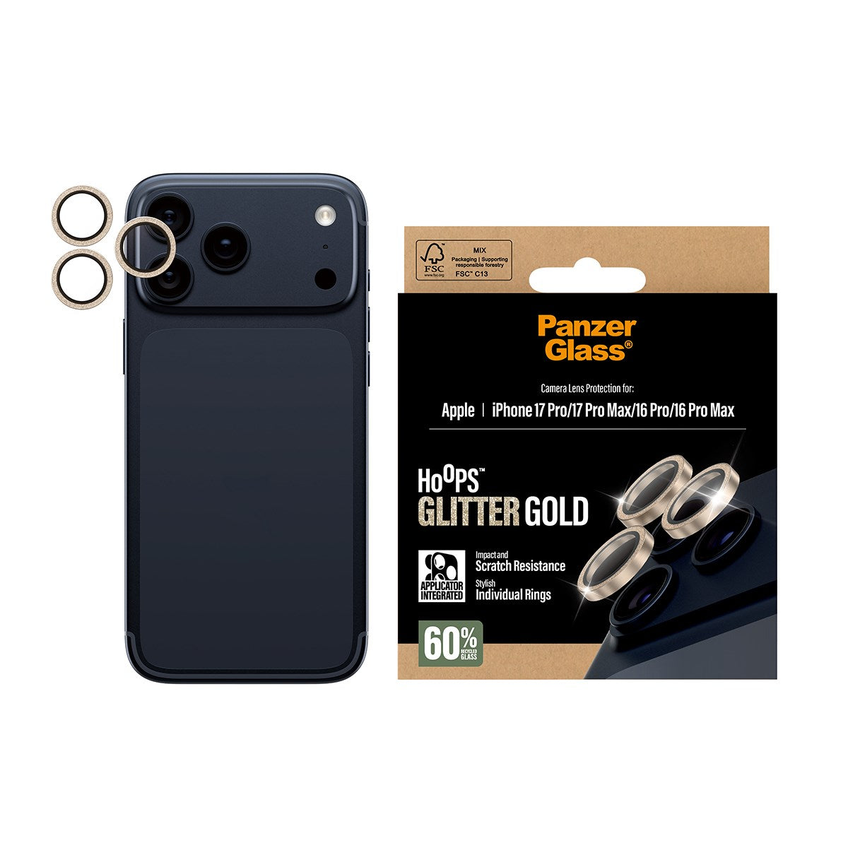PanzerGlass® Hoops® Kameralinsebeskytter Glitter Guld iPhone 17 Pro | iPhone 17 Pro Max | iPhone 16 Pro | 16 Pro Max